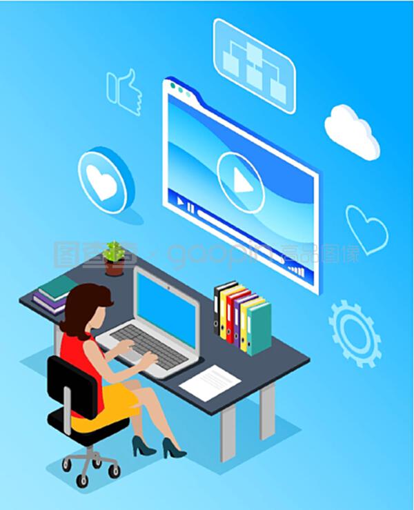 工作場(chǎng)所的商業(yè)網(wǎng)絡(luò)通信。辦公室使用手提電腦無(wú)線設(shè)備的女性。藍(lán)色的媒體顯示和互聯(lián)網(wǎng)圖標(biāo)像和云。PC向量的數(shù)字營(yíng)銷(xiāo)專家。計(jì)算機(jī)向量的數(shù)字營(yíng)銷(xiāo)專家